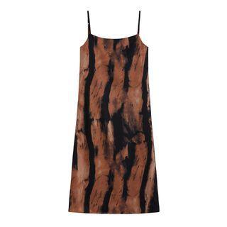 Spaghetti Strap Tie-dyed Midi A-line Dress Print - Brwon - One Size
