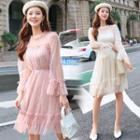 Long-sleeve A-line Sheer Panel Dress