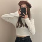Long-sleeve Plain Slim-fit Cropped T-shirt White - One Size