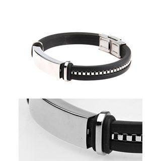 Metal-bar Faux-leather Bangle Black - One Size