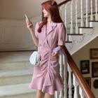 Notch Lapel Elbow-sleeve Ruched Mini A-line Dress