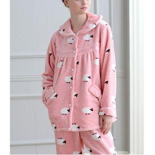 Loungewear Set: Sheep Print Coral Fleece Shirt + Pants