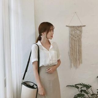 Linen Pocket Front Crinkled Blouse
