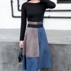 Set: Plain Long-sleeve T-shirt + Two-tone Midi A-line Skirt