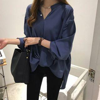 Long-sleeve Plain Loose Fit Side Slit Shirt
