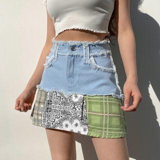 High Waist Frayed Paneled Mini Skirt