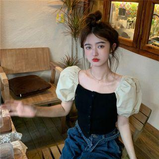 Puff-sleeve Two-tone Top Black - One Size