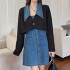 Set: Cropped Blazer / Spaghetti Strap Denim Dress