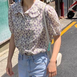 Floral Short-sleeve Blouse Purple - One Size