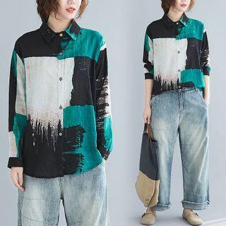 Long-sleeve Color-block Long Shirt As Shown In Figure - One Size