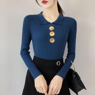 Button Long-sleeve Plain Knit Top