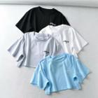 Elbow-sleeve Letter Embroidered Cropped T-shirt