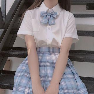 Short-sleeve Shirt / Bowtie / Plaid Pleated Mini A-line Skirt / Set