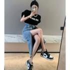 Short-sleeve Lettering T-shirt / High-waist Slim-fit Denim Midi Skirt