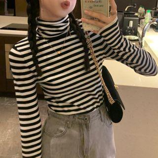 Long-sleeve Turtleneck Striped Top Stripe - Black & White - One Size