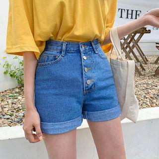 Button-fly Rollup-hem Denim Shorts