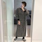 Pleated-panel Striped Long Pullover Dress