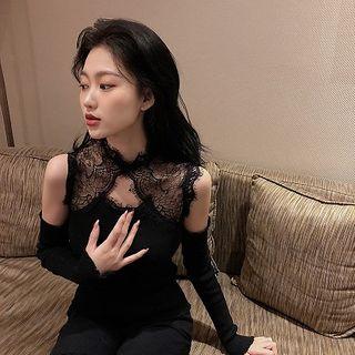 Lace Panel Cold-shoulder Rib Knit Top Black - One Size