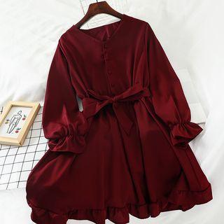Flared Cuff Tie-waist Ruffled A-line Dress