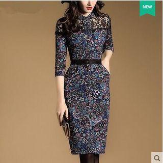 3/4-sleeve Patterned Sheath Midi Dress