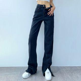 Frayed Side-slit Wide-leg Jeans