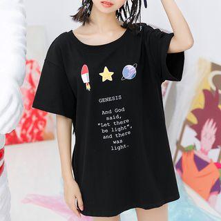 Planet Print Short-sleeve Long Top