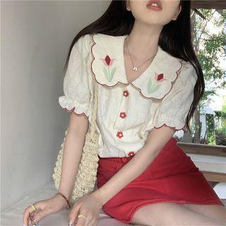 Short-sleeve Floral Embroidered Blouse Off-white - One Size
