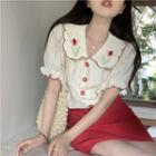 Short-sleeve Floral Embroidered Blouse Off-white - One Size