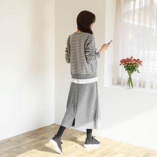 Set: Layered-hem Striped Sweatshirt + Long Skirt