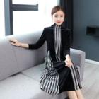 Long-sleeve Striped Panel A-line Velvet Dress