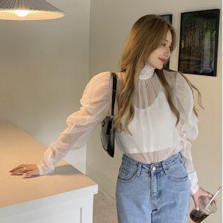 Long Sleeve Plain Sheer Shirt Shirt - One Size