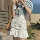 Puff-sleeve Bow Plaid Blouse / Shirred Ruffle Hem Mini A-line Skirt
