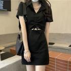 Short-sleeve V-neck Cut-out Mini Sheath Dress Black - One Size