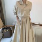 Long-sleeve Single Breasted Pleated Loose Fit Dress