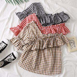 One-shoulder Ruffled-trim Checked Blouse
