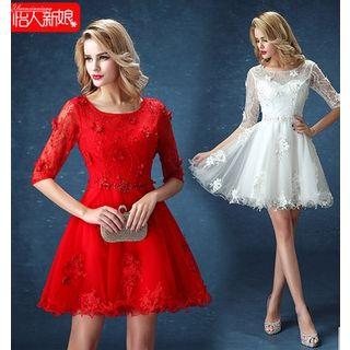 Floral Elbow-sleeve A-line Cocktail Dress