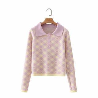 Plaid Long-sleeve Polo Shirt Beige - One Size
