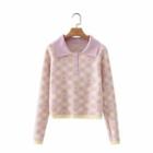 Plaid Long-sleeve Polo Shirt Beige - One Size
