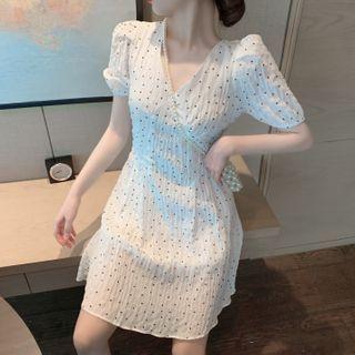 V-neck Dotted Puff-sleeve Dress