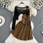 Set: Lace Up Halter A-line Mini Dress + Open Front Cardigan