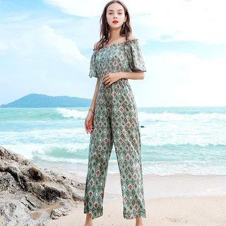 Off Shoulder Short-sleeve Chiffon Jumpsuit