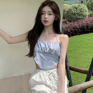Halter-neck Plain Asymmetric Top / Drawstring Plain Wide-leg Pants