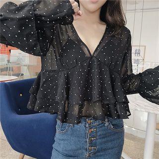 Long-sleeve Dotted Top White Dots - Black - One Size