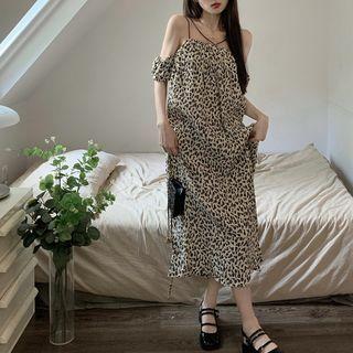 Cold-shoulder Floral Midi A-line Dress Off-white - One Size
