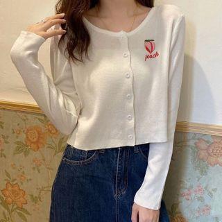 Long-sleeve Buttoned Peach Embroidered Knit Top
