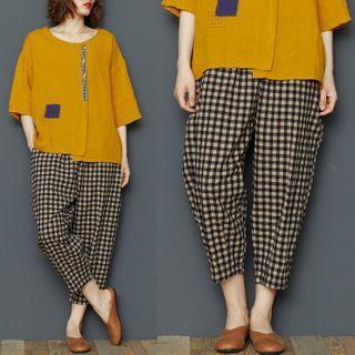 Applique Elbow-sleeve Blouse / Gingham Harem Pants
