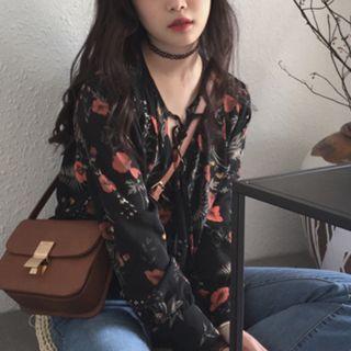 V-neck Floral Long-sleeve Chiffon Blouse