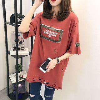 Camo Applique Ripped Elbow Sleeve Long T-shirt