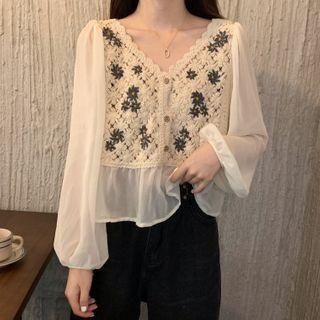 Long-sleeve Floral Embroidered Panel V-neck Blouse