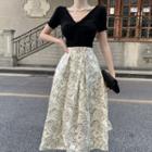 V-neck Twist Front Plain Top / High Waist Printed Maxi Dress